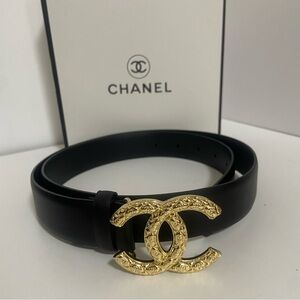 CHANEL Black Belt with Ornate Gold Buckle